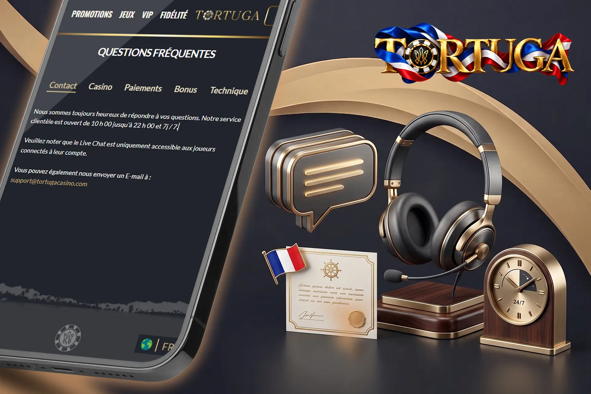 Service d'assistance à la clientèle et chat en direct, illustrés par un casque audio, une horloge et les coordonnées de contact sur smartphone