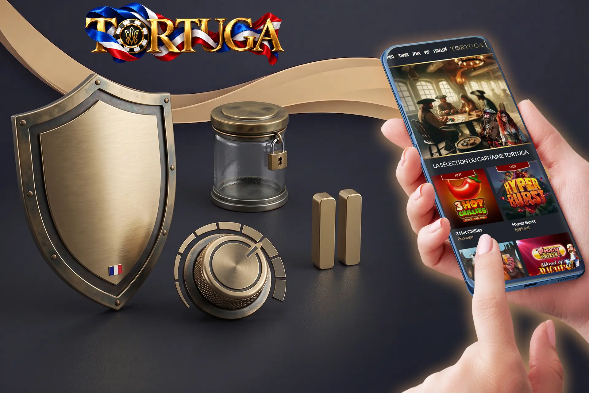 Mesures de jeu responsable sur Tortuga Casino, représentées par une interface mobile, un bouclier de protection, un bouton pause et un bocal verrouillé