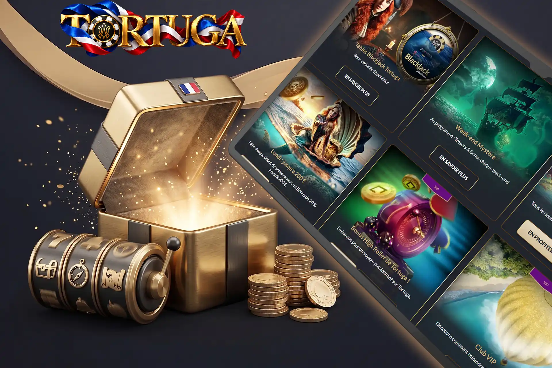 Aperçu des bonus de dépôt et promotions régulières sur Tortuga Casino, accompagnés d'un coffre au trésor lumineux et d'une machine à sous classique