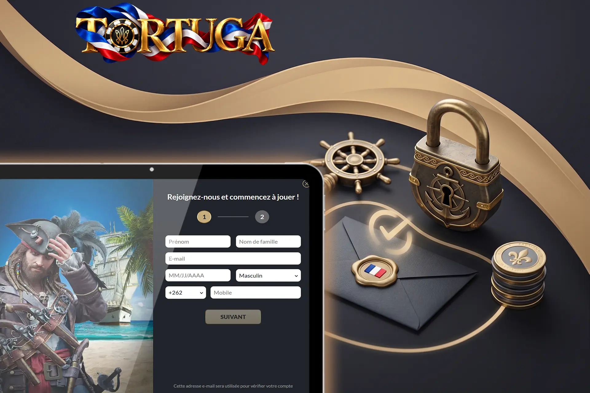 Interface sécurisée pour l'inscription des nouveaux joueurs, mise en valeur par un cadenas en forme d'ancre, un sceau tricolore et un formulaire d'accès