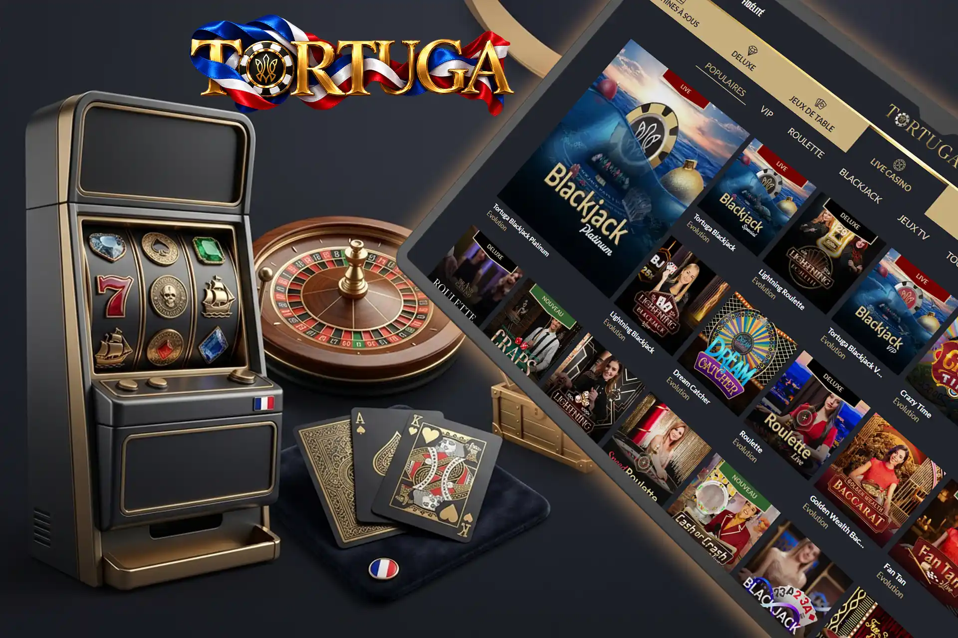 Vaste sélection de jeux de table et de casino en direct sur Tortuga Casino, illustrée avec une machine à sous et des cartes noires élégantes