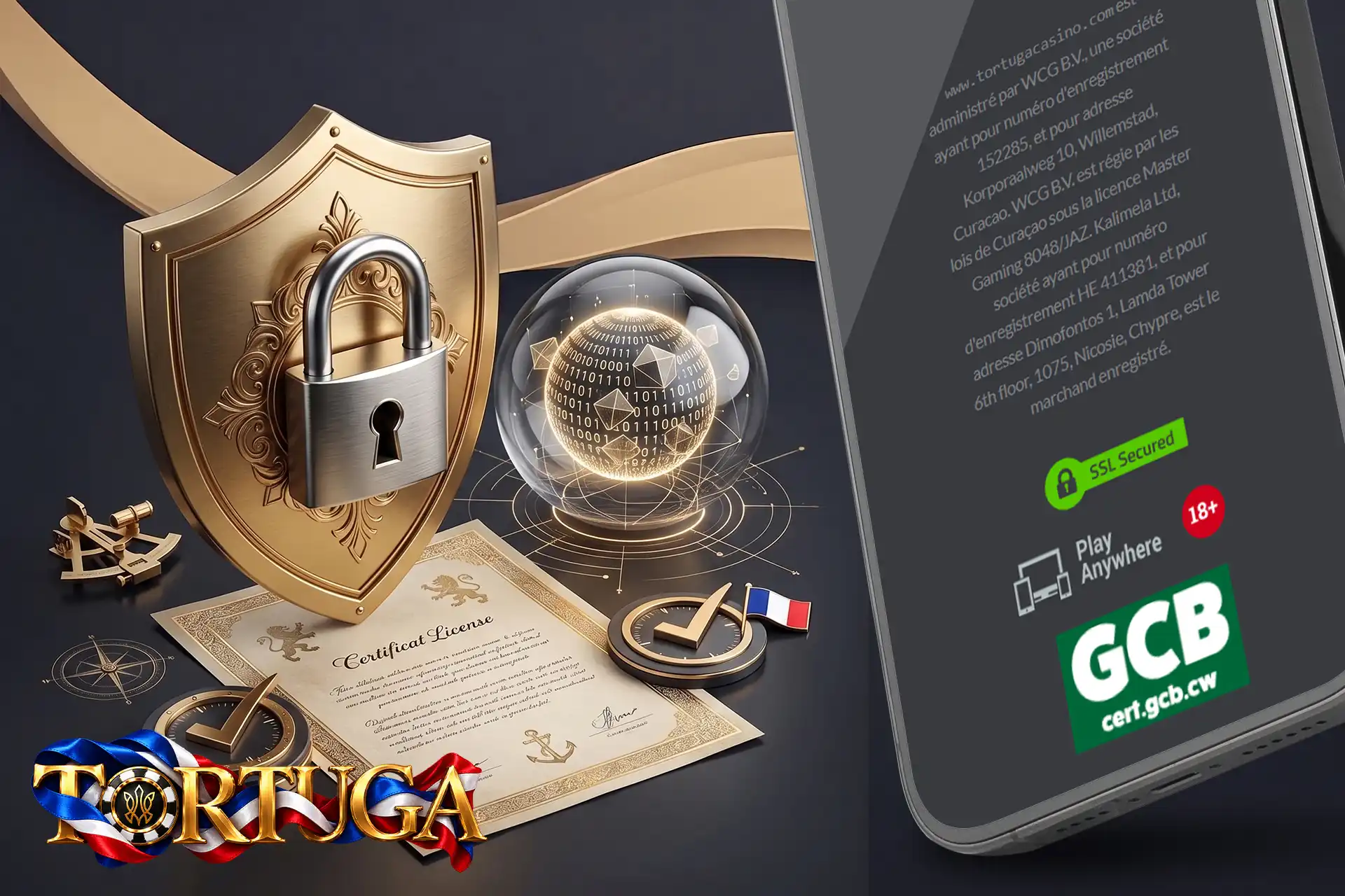 Certificat de licence officielle et protection des joueurs sur Tortuga Casino, représentés par un bouclier doré, un cadenas et un globe lumineux