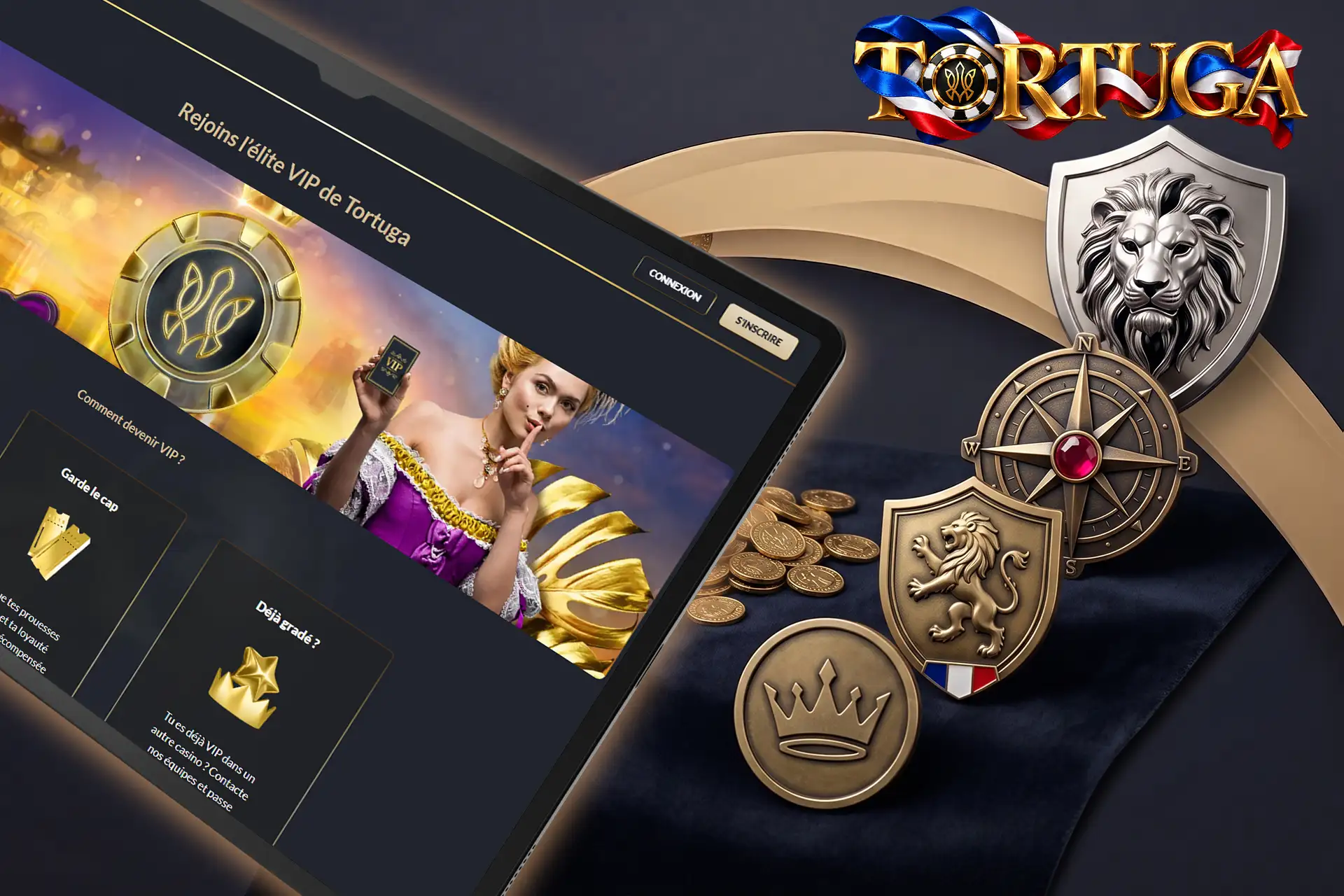 Avantages exclusifs du club VIP et programme de fidélité, illustrés par l'interface du club sur tablette, des écussons royaux et une boussole